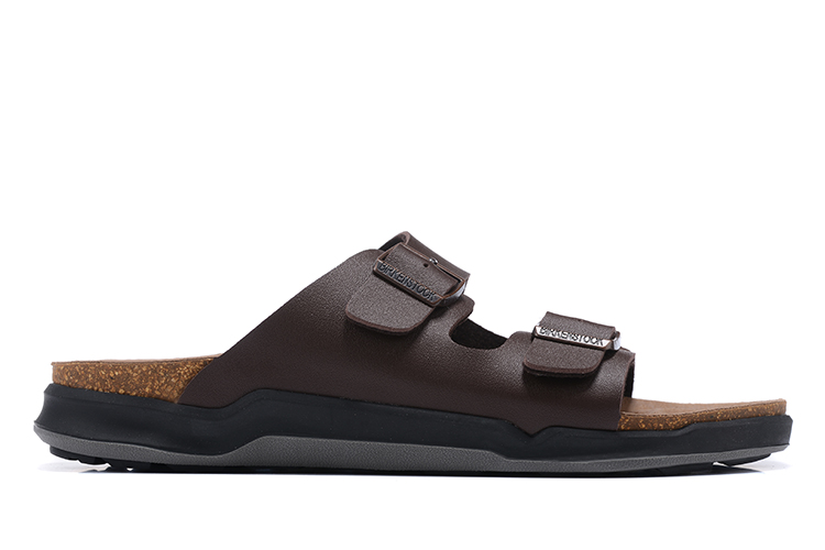 Birkenstock Two-Button Brown Matte Leather Black Sole Casual Slippers