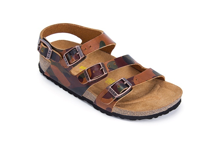 Birkenstock Ellice Three-Button Brown Camouflage Matte Leather Strappy Sandals