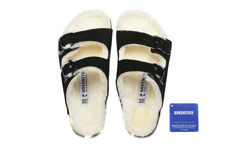 Birkenstock Two-Button Black Scrub Leather White Fur Lining Slippers
