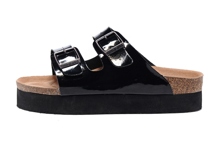 Birkenstock Two-Button Black Patent Leather Thick Black Sole Slippers