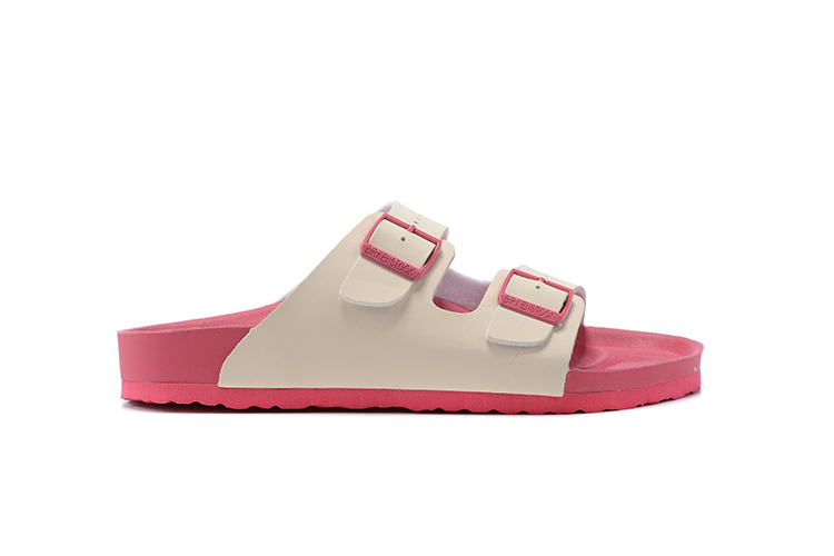 Birkenstock Two-Button White Matte Leather Pink Sole Slippers
