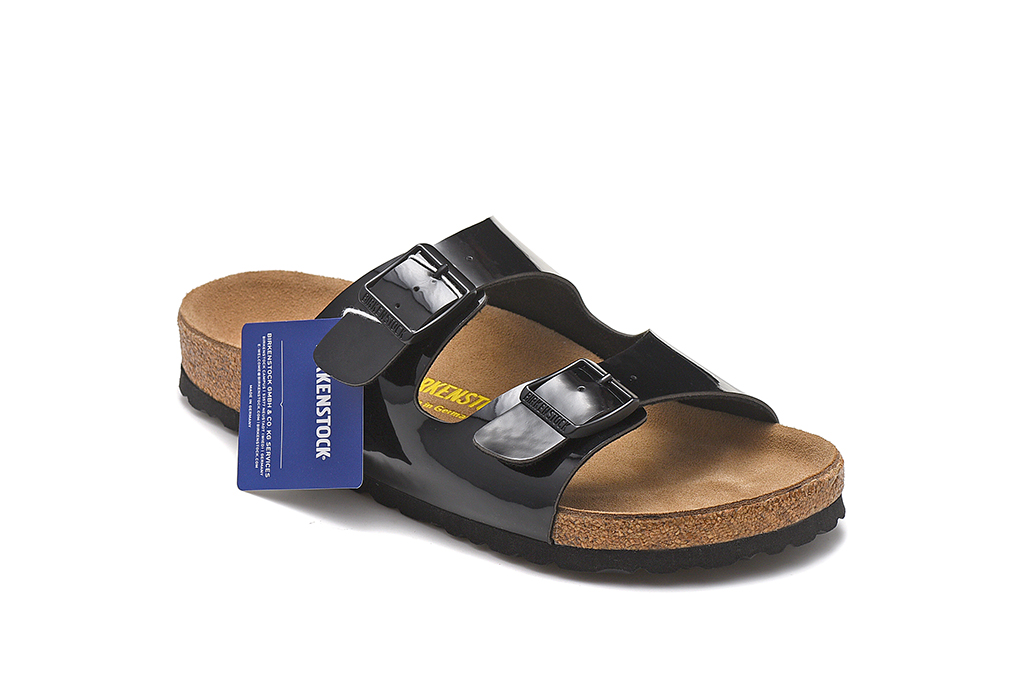 Birkenstock Two-Button Black Patent Leather Slippers