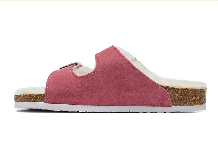 Birkenstock Two-Button Pink Scrub Leather White Fur Lining Slippers