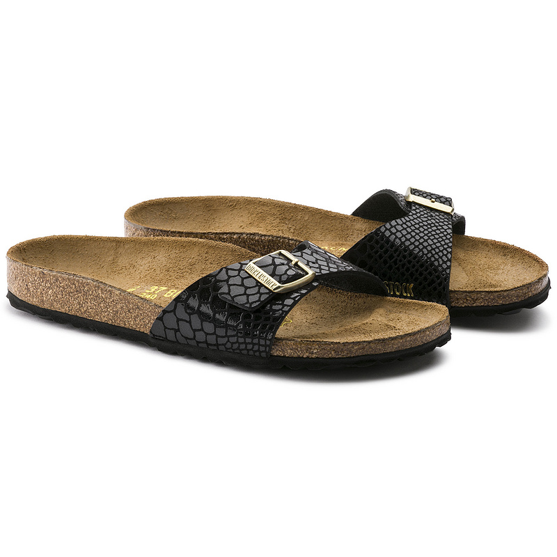 Birkenstock Single Button Black Serpentine Patent Leather Slippers