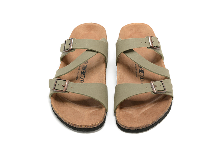 Birkenstock Two-Button Grayish Green Scrub Leather Intersect Black Sole Slippers