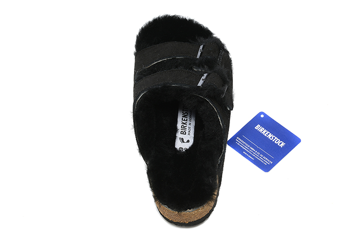 Birkenstock Two-Button Black Scrub Leather Black Fur Lining Slippers