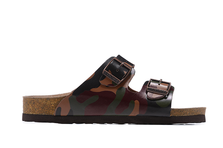 Birkenstock Two-Button Brown Camouflage Matte Leather Slippers