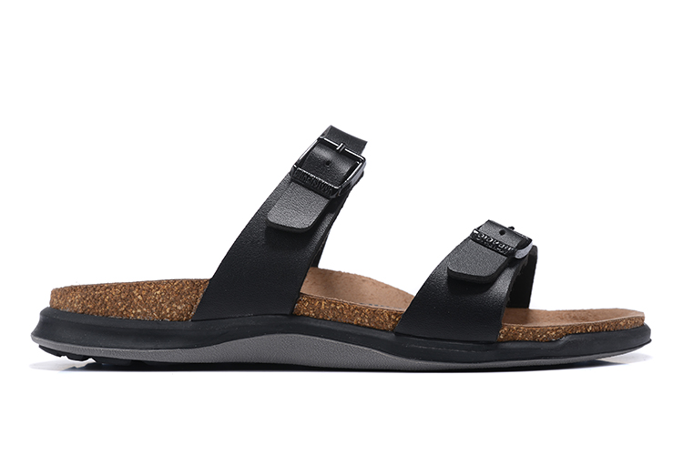 Birkenstock Two-Button Black Matte Leather Black Sole Casual Slippers