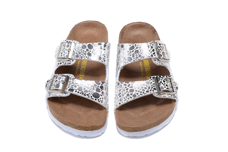 Birkenstock Two-Button Silver Metal Stone Matte Leather Slippers