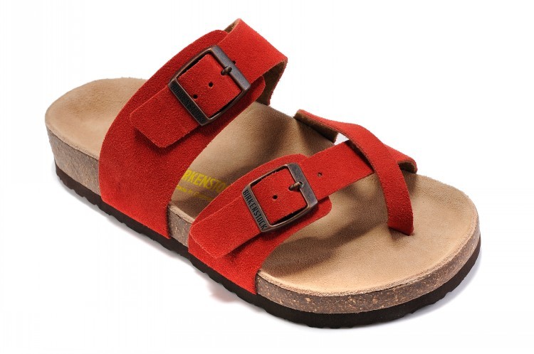 Birkenstock Two-Button Ringfinger Red Scrub Leather Slippers