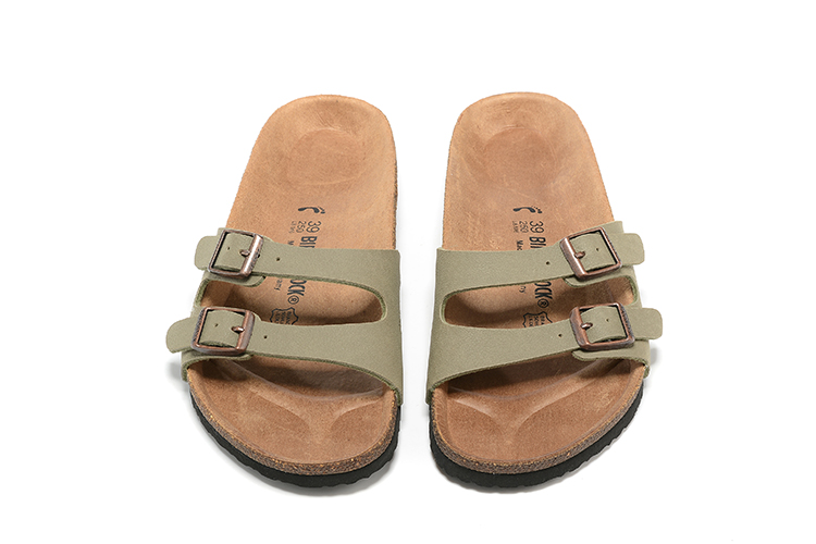 Birkenstock Two Buckle Thin Belt Grayish Green Scrub Leather Slippers
