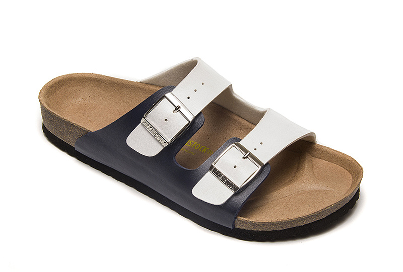 Birkenstock Two-Button White And Black Matte Leather Slippers