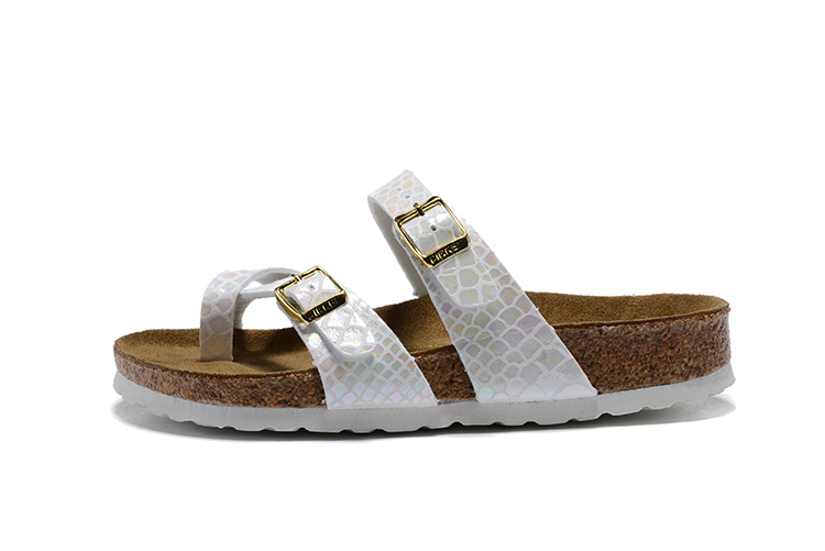 Birkenstock White Snakeskin Double Buckle Toe-Loop Leather Sandals