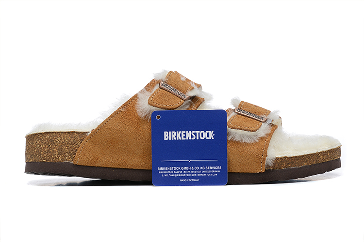 Birkenstock Two-Button Brown Scrub White Fleece Lined Leather Slippers