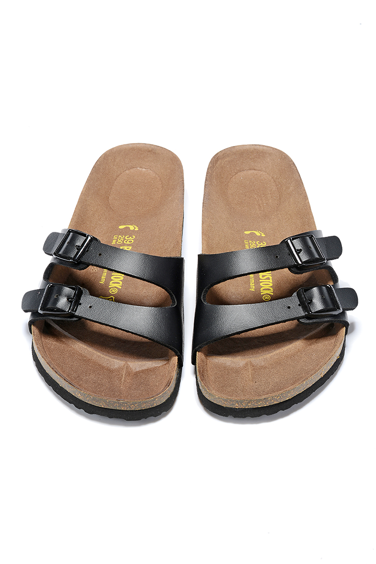 Birkenstock Two Buckle Thin Belt Black Matte Leather Black Sole Slippers
