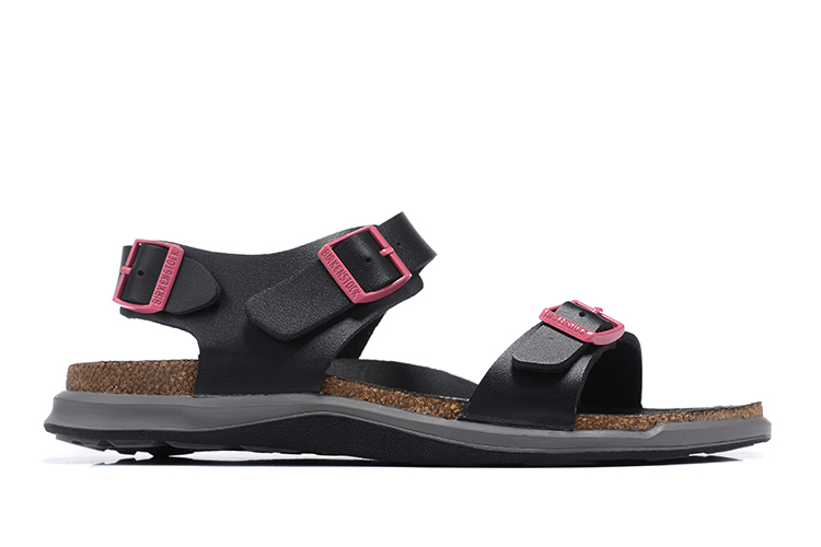 Birkenstock Single Button Pink Button Black Leather Sandals