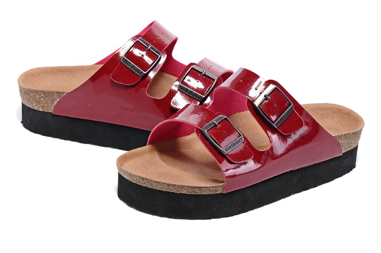 Birkenstock Two-Button Red Patent Leather Thick Black Sole Slippers