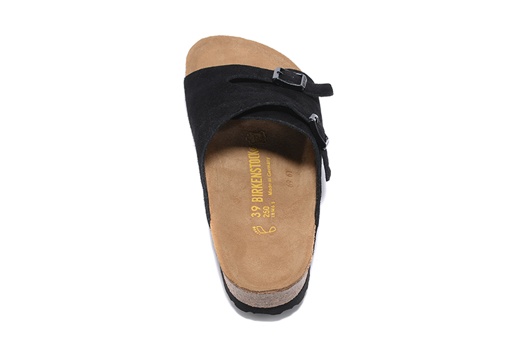 Birkenstock Two Buttons Black Scrub Leather Fashion Slippers