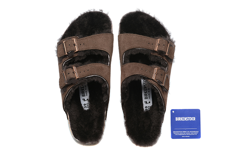 Birkenstock Two-Button Brown Scrub Leather Black Fur Lining Slippers
