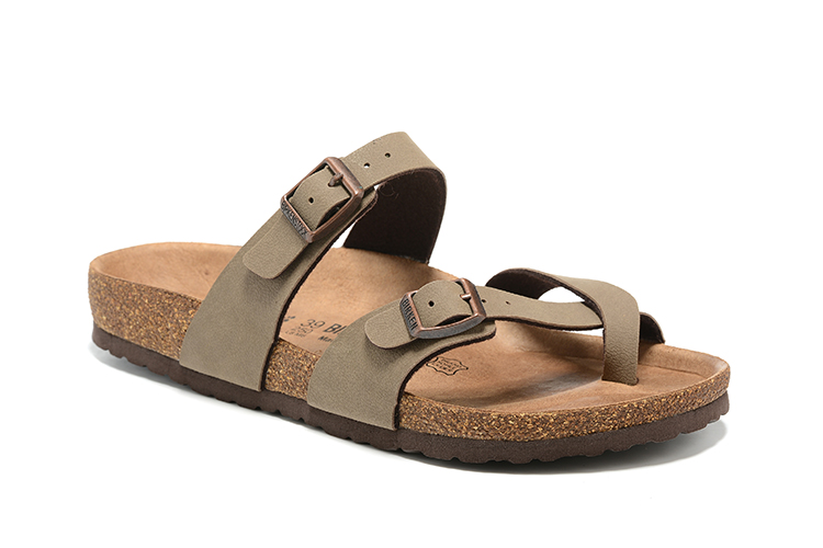 Birkenstock Two-Button Ringfinger Light Brown Scrub Leather Slippers