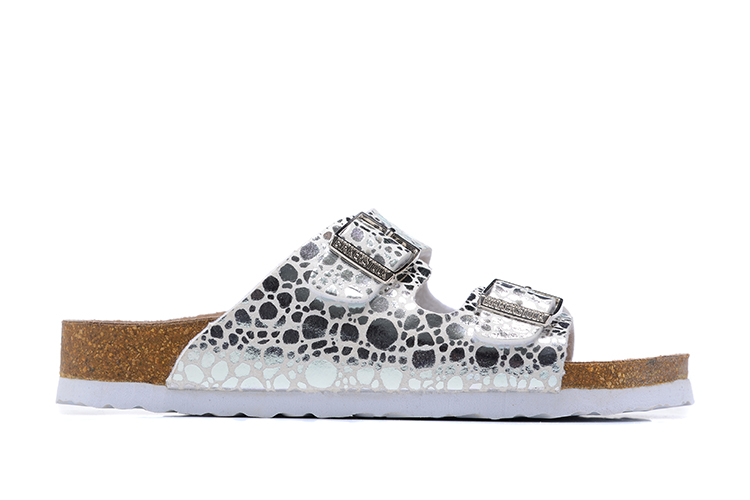 Birkenstock Two-Button Silver Metal Stone Matte Leather Slippers