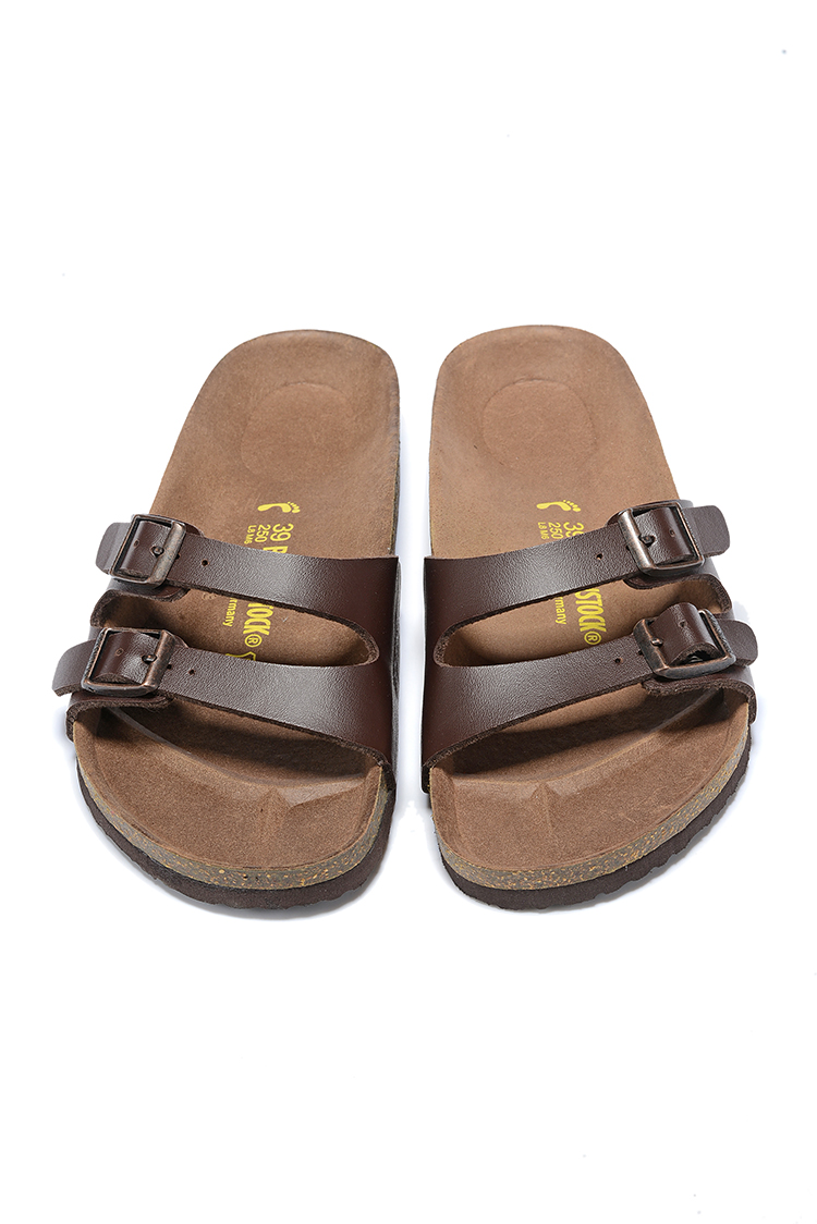Birkenstock Two Buckle Thin Belt Brown Matte Leather Slippers