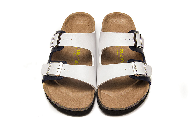 Birkenstock Two-Button White And Black Matte Leather Slippers