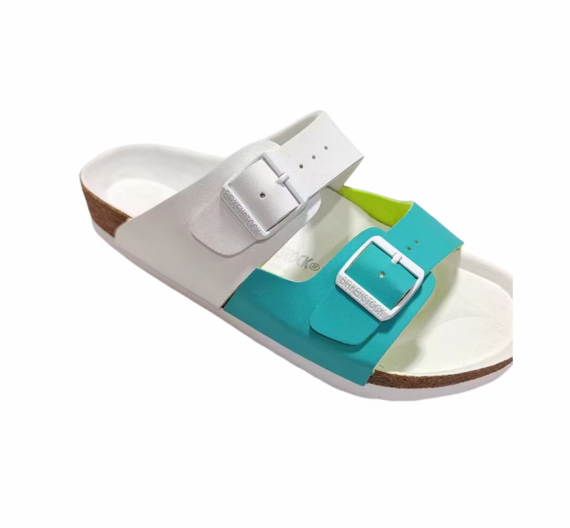 Birkenstock Two-Button White Green Dual Color Scrub Leather Slippers