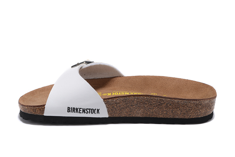 Birkenstock Single Button White Matte Leather Black Sole Slippers
