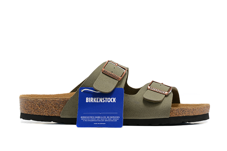 Birkenstock Two-Button Gray Green Scrub Leather Slippers