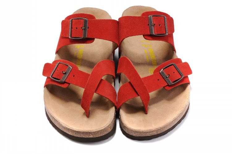 Birkenstock Two-Button Ringfinger Red Scrub Leather Slippers