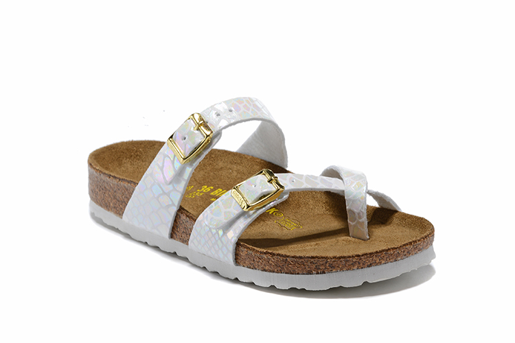 Birkenstock White Snakeskin Double Buckle Toe-Loop Leather Sandals