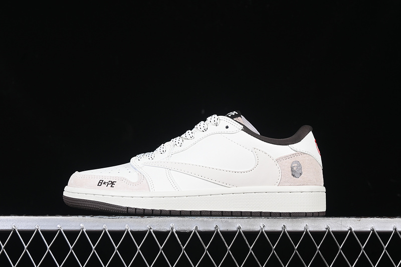 Travis Scott Fragment Design Nike Air Jordan 1 Low Bape OG SP Brown Sole White Beige Sneakers