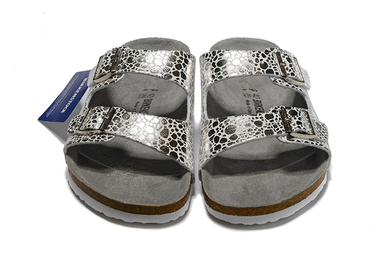 Birkenstock Two-Button Gray Metal Stone Matte Leather Slippers
