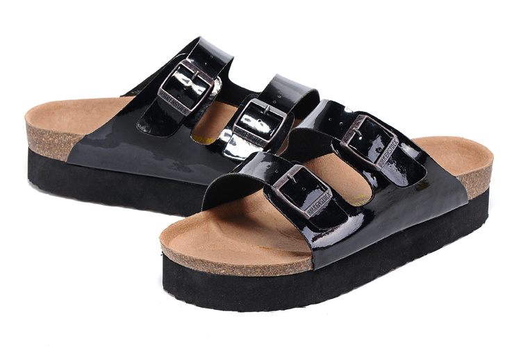 Birkenstock Two-Button Black Patent Leather Thick Black Sole Slippers