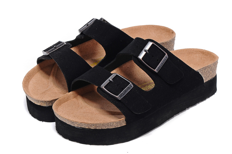 Birkenstock Two-Button Black Suede Leather Thick black Sole Slippers