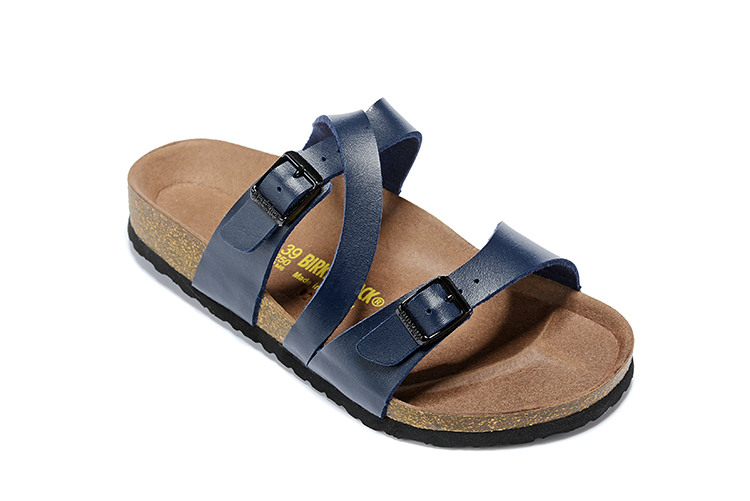 Birkenstock Two-Button Navy Matte Leather Intersect Black Sole Slippers