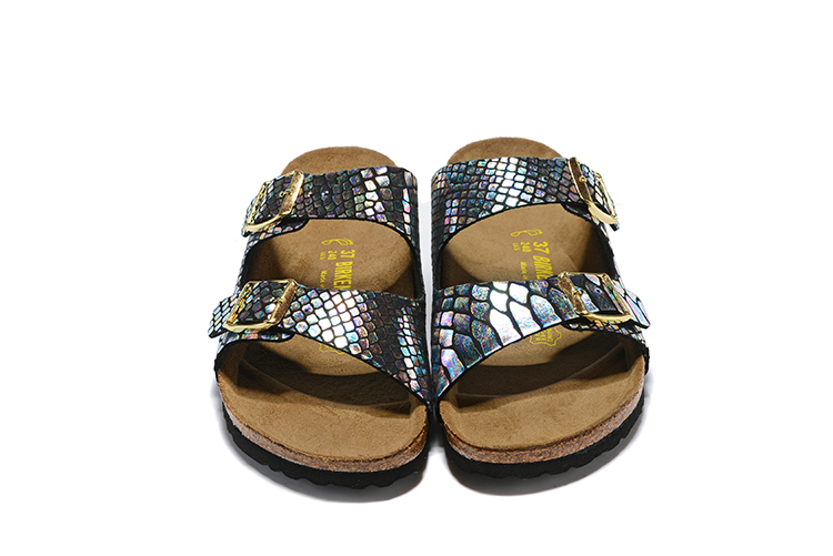 Birkenstock Black Snakeskin Reflective Double Buckle Leather Sandals