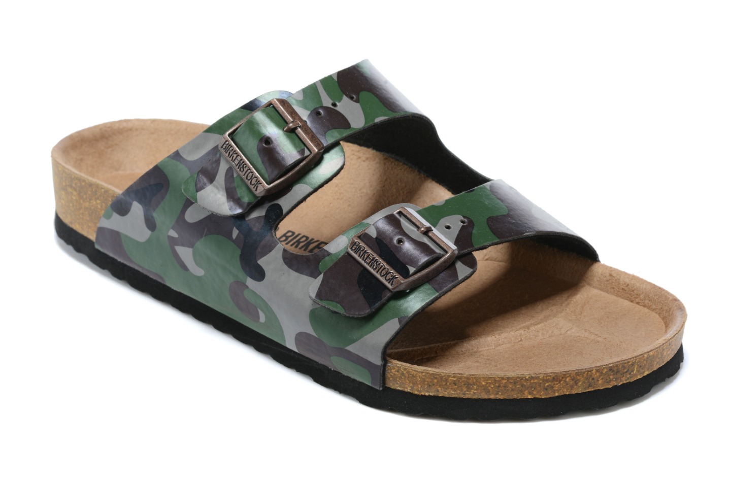 Birkenstock Two-Button Green Camouflage Matte Leather Casual Slippers