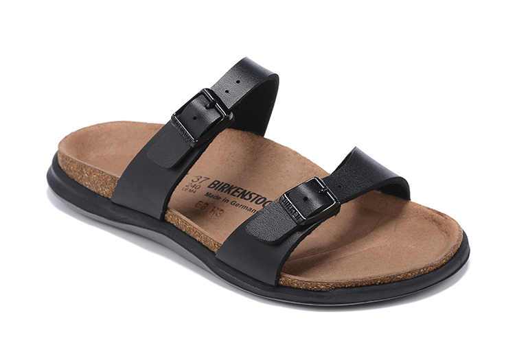 Birkenstock Two-Button Black Matte Leather Black Sole Casual Slippers