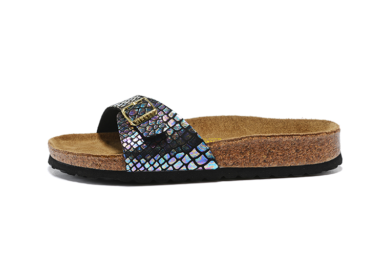 Birkenstock Madrid Black Snakeskin Reflective Single-Snap Leather Sandals