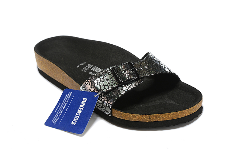 Birkenstock Single Button Black Metal Stone Leather Slippers
