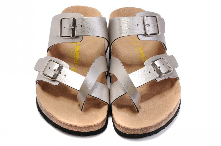 Birkenstock Two-Button Silver Snakeskin Ringfinger Matte Leather Slippers