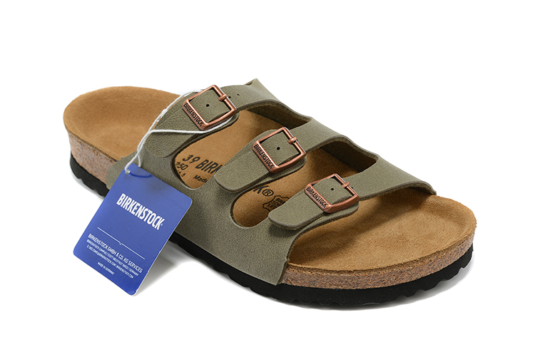 Birkenstock Three-Button Grayish Green Scrub Leather Casual Sandals