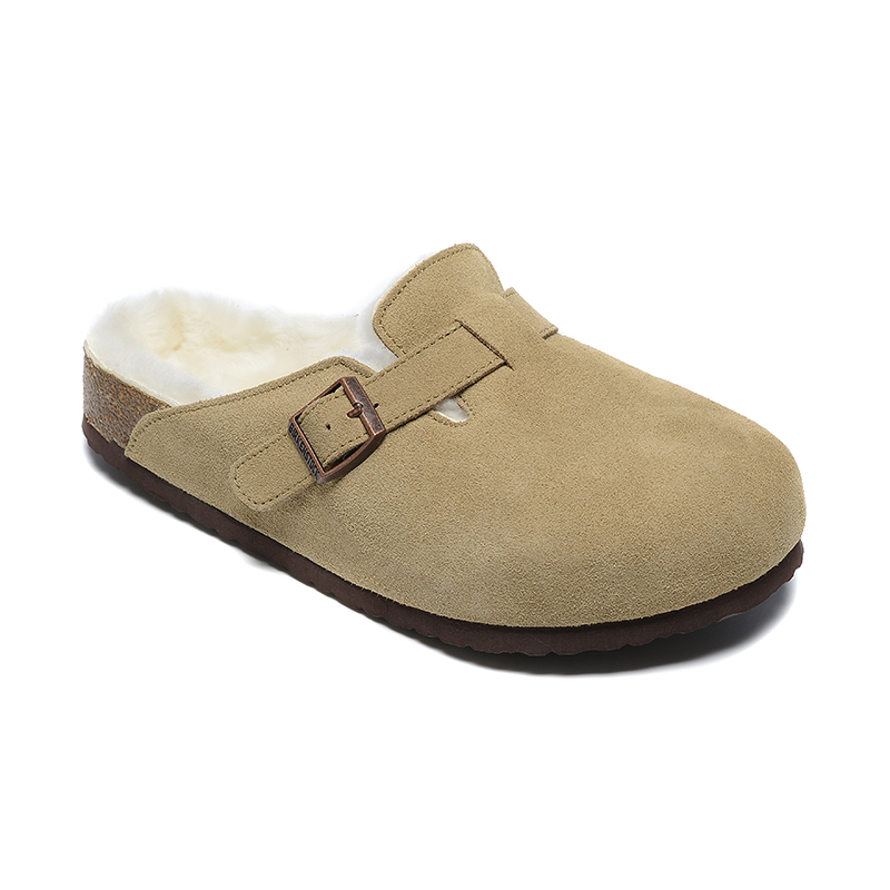 Birkenstock Khaki Suede White Shearling Lining Clog Shoes