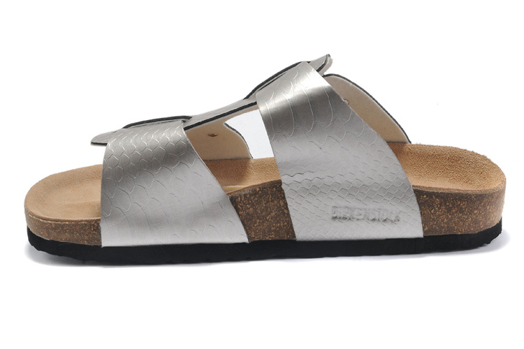 Birkenstock Two-Button Silver Snakeskin Personality Matte Leather Slippers