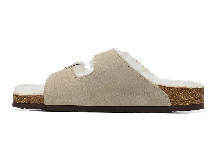 Birkenstock Two-Button Cream Scrub Leather White Fur Lining Slippers