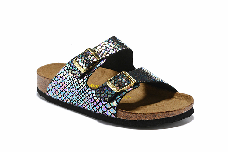 Birkenstock Black Snakeskin Reflective Double Buckle Leather Sandals