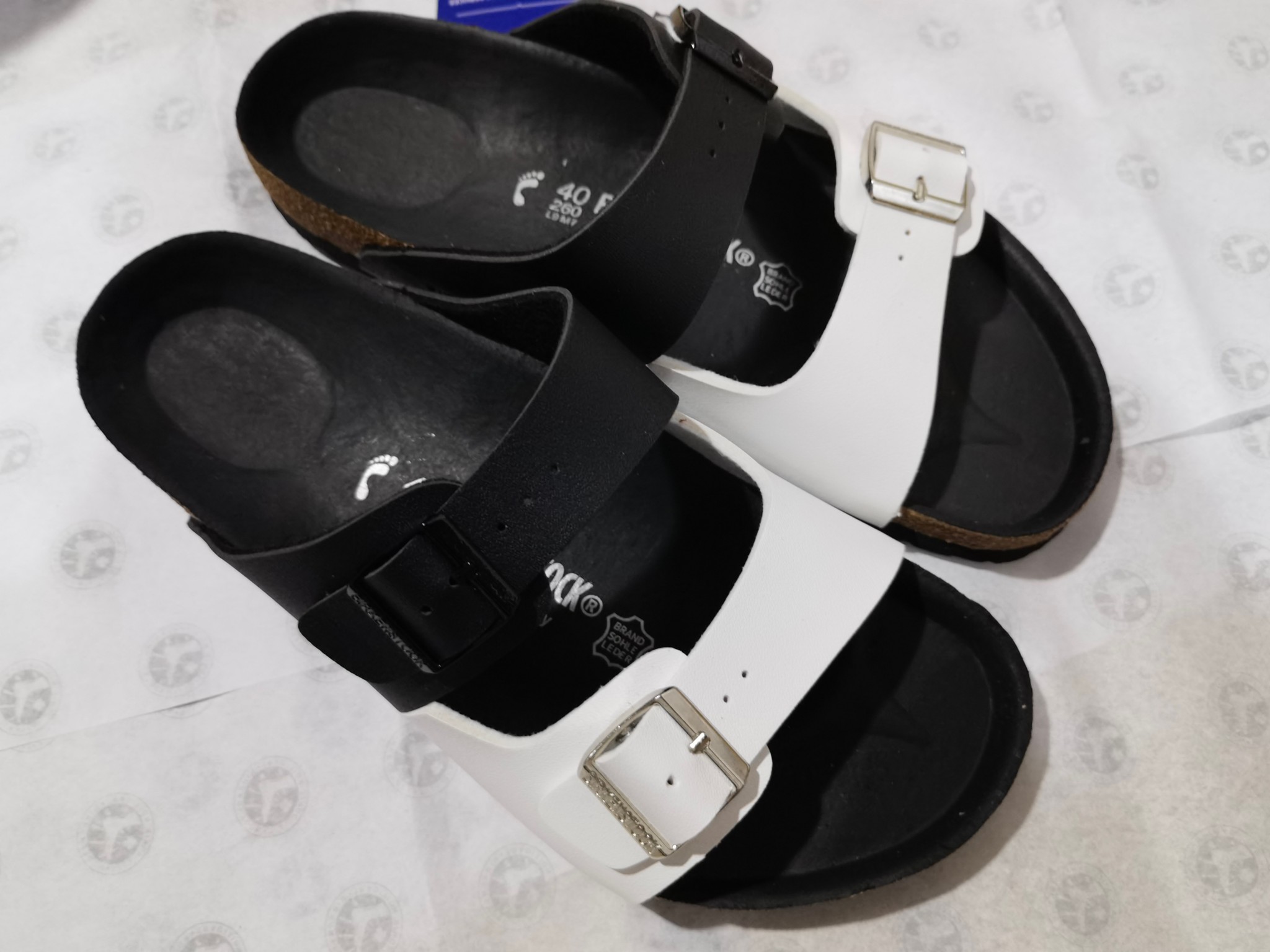 Birkenstock Two-Button Black White Dual Color Matte Leather Slippers
