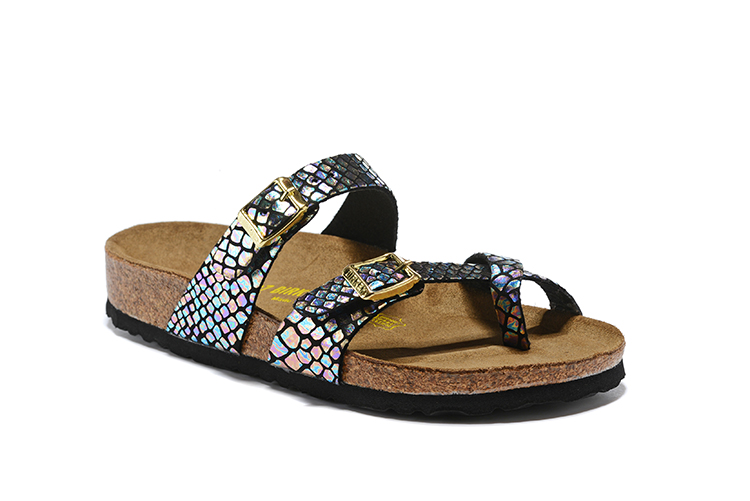 Birkenstock Black Snakeskin Reflective Double Buckle Toe-Loop Leather Sandals